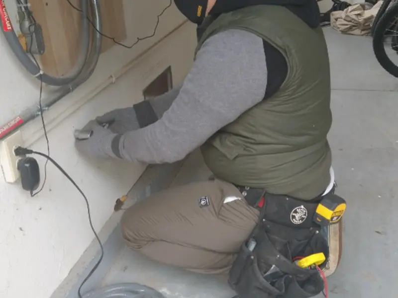 Electrician performing outlet wiring in a Mission Hills garage